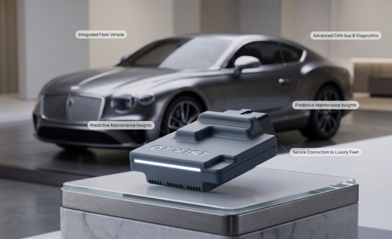 The Otoist OBD-II device displayed in front of a luxury vehicle, ready for installation