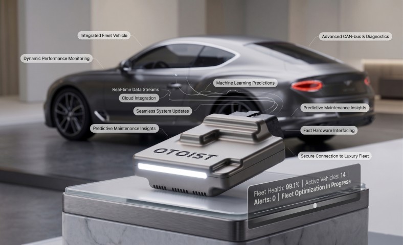 Otoist device on a showroom pedestal in front of a luxury vehicle, with a live fleet dashboard showing 99.1% fleet health